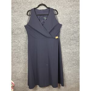 Ralph Lauren Crepe Sleeveless Dress Navy Blue Midi Gold Plated Logo Size 16